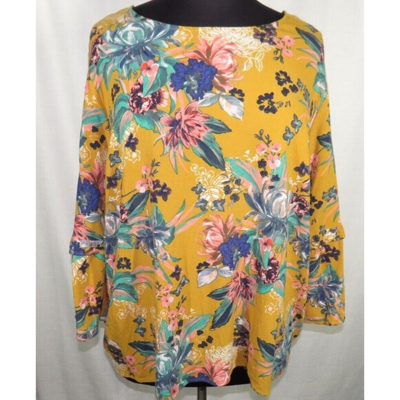 Ava + Viv Women's Mustard Floral Strappy Back Flare Sleeve Blouse Plus 4X - Picture 2 of 10